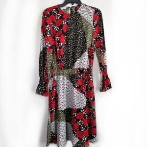 Libby Edelman Floral Patchwork Long Sleeve Dress Green & Red Size X-Small